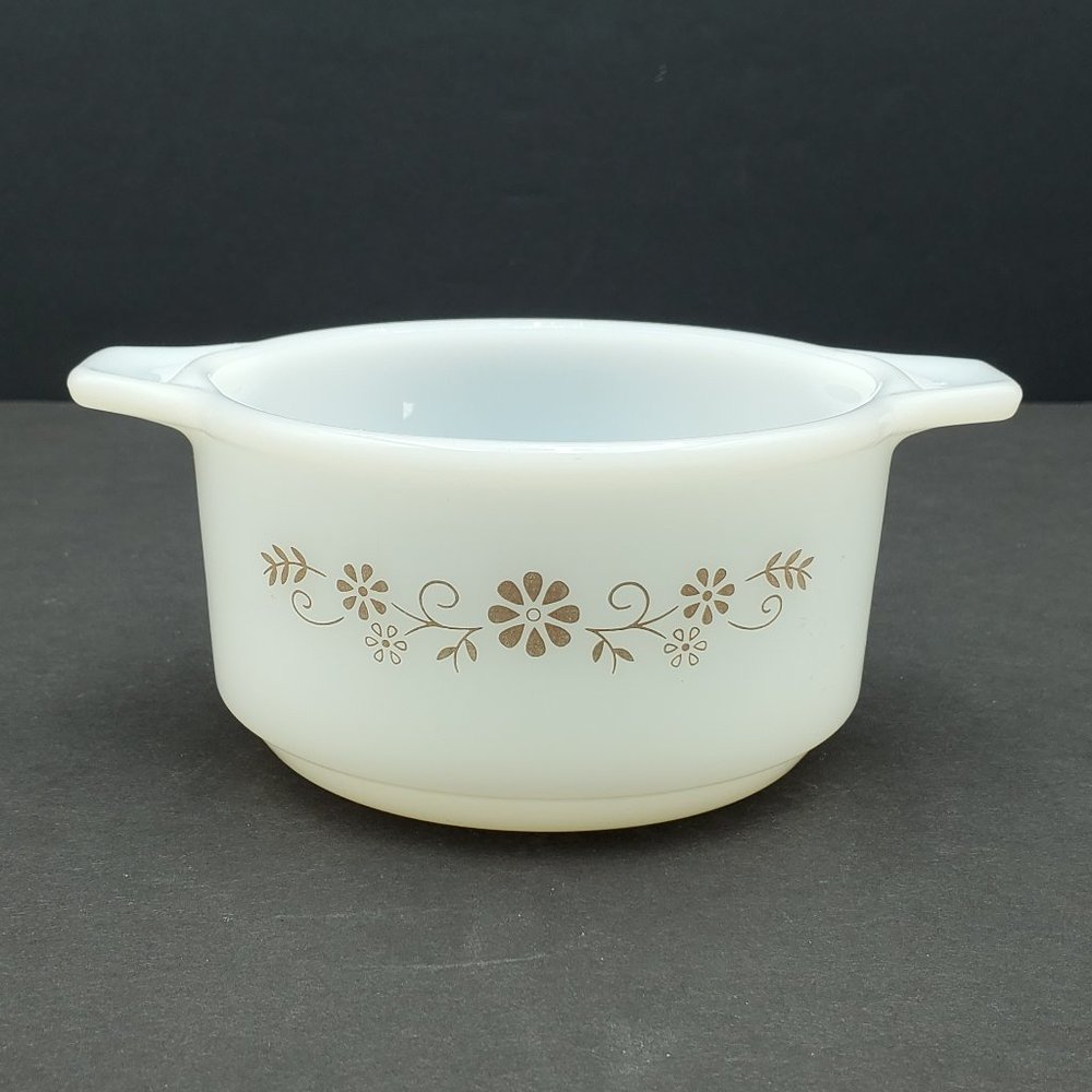 Dynaware Pyr-O-Rey White Milk Glass Casserole Small Brown Daisy Baking Dish